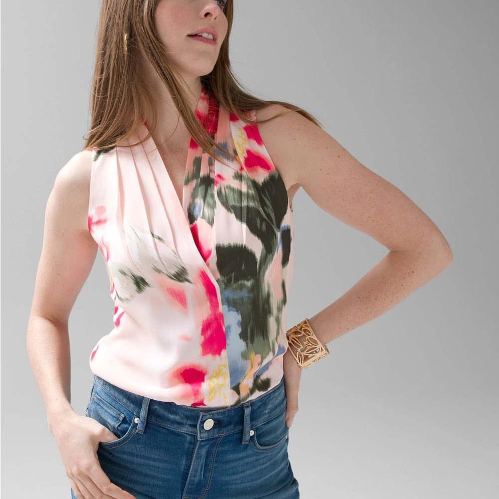WHBM Pleated V-Neck Shell Sleeveless Blouse - Pink and Red